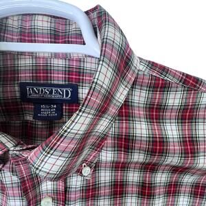 Lands' End Tartan Plaid Button Down Shirt 15.5 34 Red Long Sleeve Preppy Oxford
